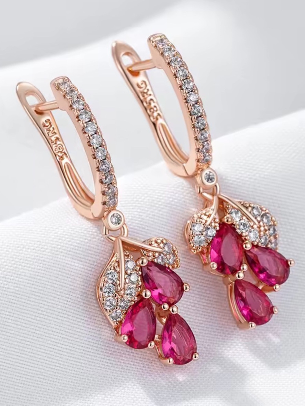 Rose Gold plated Pink Crystal Teardrop Dangle Earrings - Elegant Women Jewelry - Picture 9 of 9